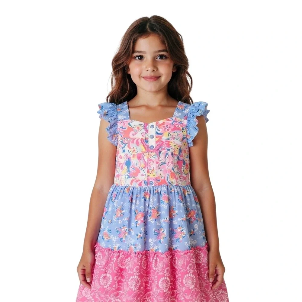 Jona Michelle Girls Tiered Floral Paisley Ruffle Dress Pink‎ Blue Size 7